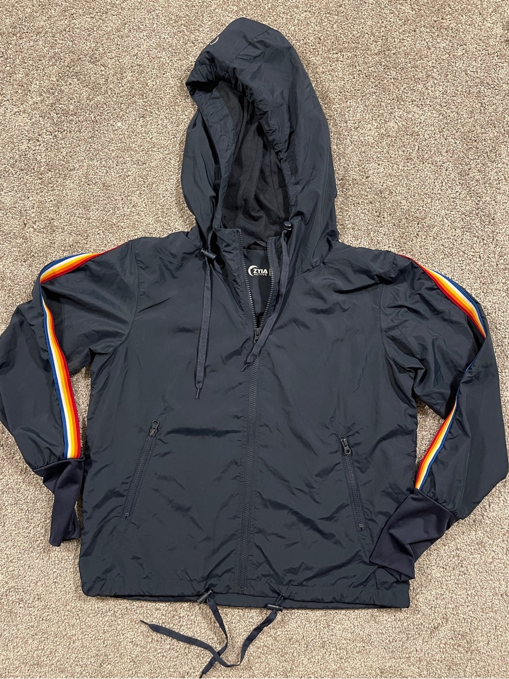 ZYIA Active M Black Rainbow Stripe Hooded Windbreaker Toggle Jacket Retro M